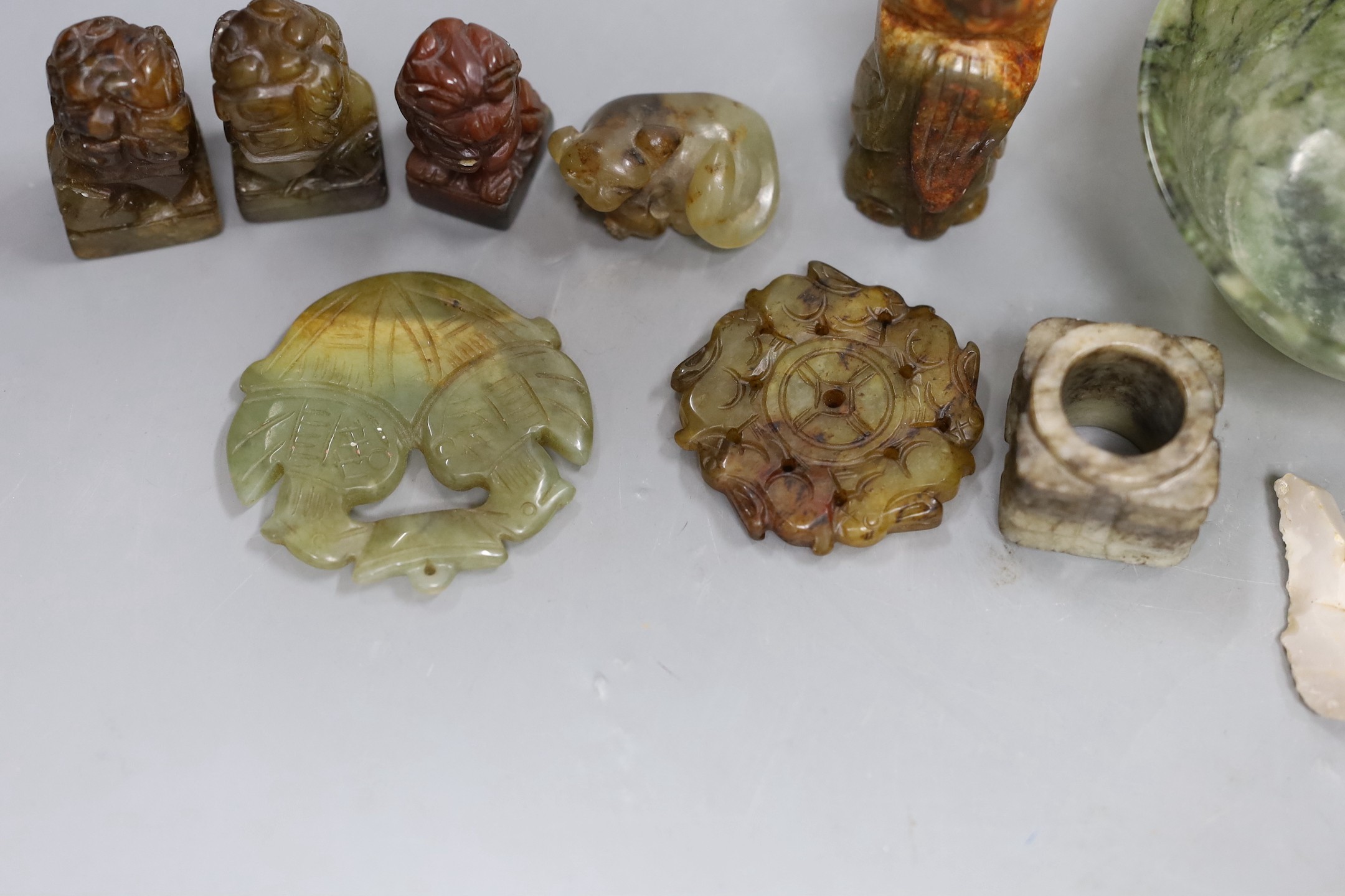A small Chinese grey and black jade cong, 3.2 cm wide and other various Chinese hardstone and soap stone carvings, bowl 9.5cms diameter
